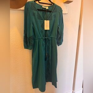 Lucky Brand Teal Embroidered Midi Dress with Drawstring Waist